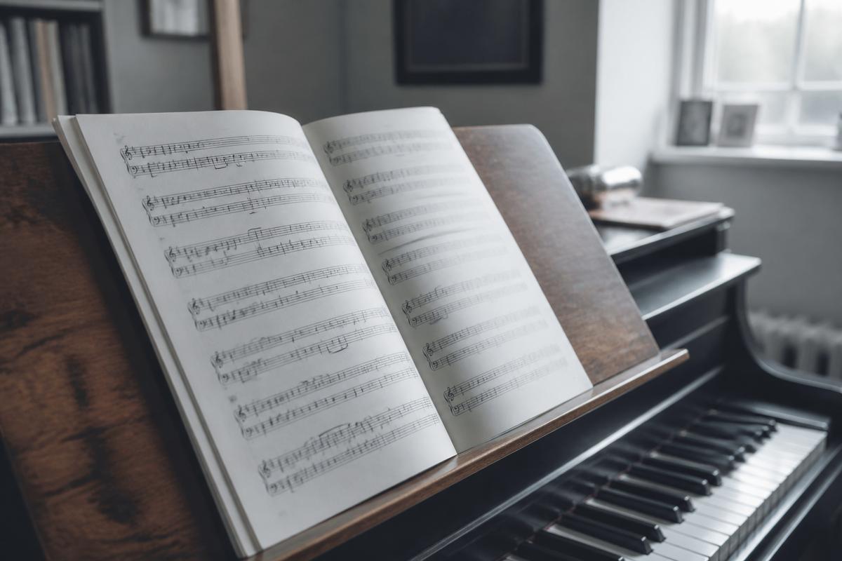 Open sheet music resting above piano keys
