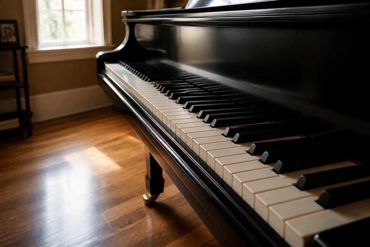 Close view of ivory piano keys in afternoon light
